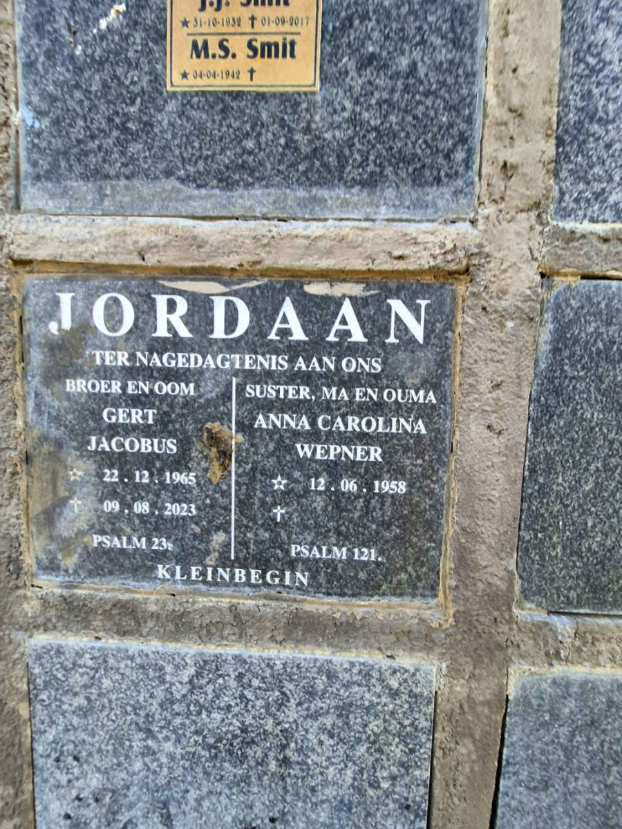 JORDAAN Gert Jacobus 1965-2023 & Anna Carolina WEPENER 1958-